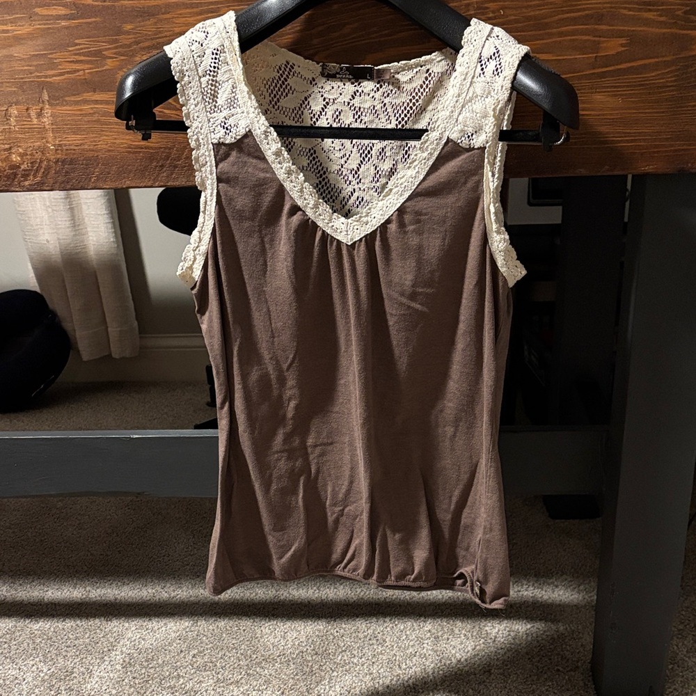 Prana Brown Lace Trim Sleeveless Top